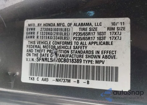 2012 Honda Odyssey Lx z USA, uszkodzony, nr VIN 5FNRL5H20CB018389